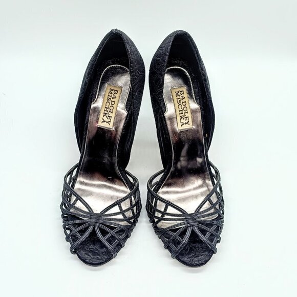 Badgley Mischka Black Webbed Peep Toe Heels 7.5M - Picture 2 of 8
